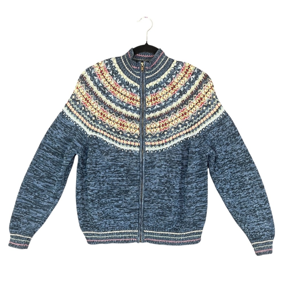 Vintage Womens XL Blue Fair‎ Isle Full Zip Cardigan Sweater Ramie Cotton Nordic